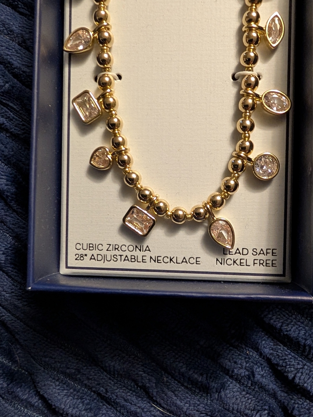 Piper-k Gold Bead Necklace with Navy Cord and CZ Charms - Picture 2 of 5